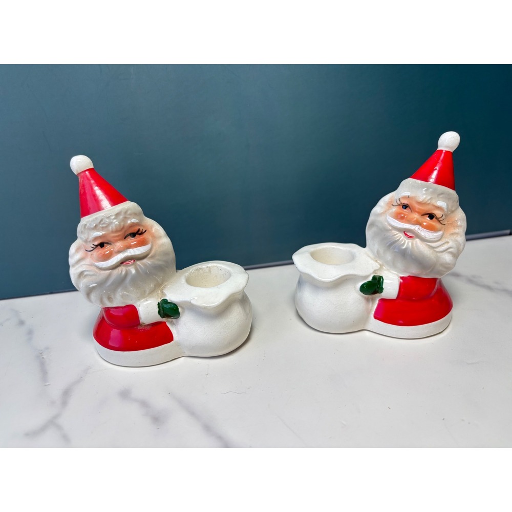 Vintage Brinns Santa Claus Candle Holders Set of 2 Ceramic Christmas Japan Decor